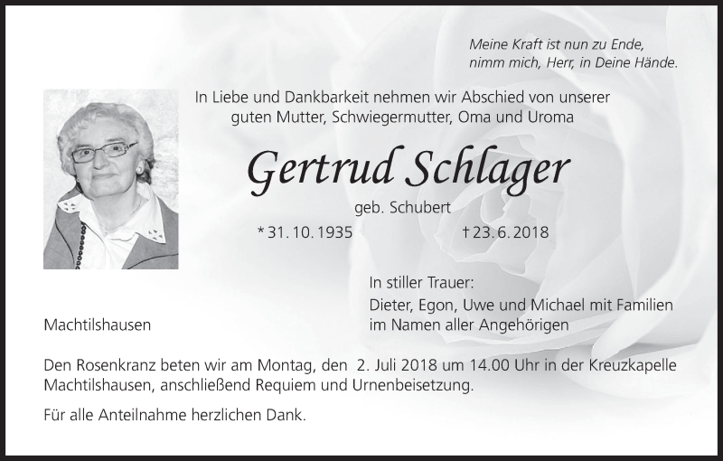  Traueranzeige für Gertrud Schlager vom 29.06.2018 aus MGO