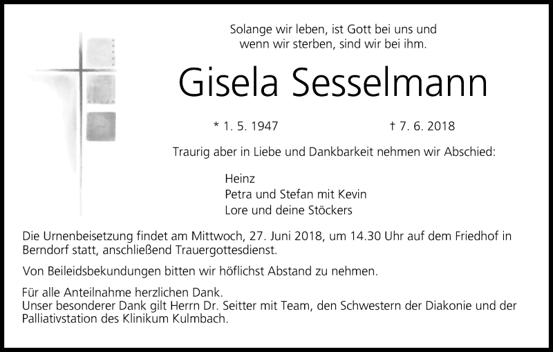  Traueranzeige für Gisela Sesselmann vom 25.06.2018 aus MGO