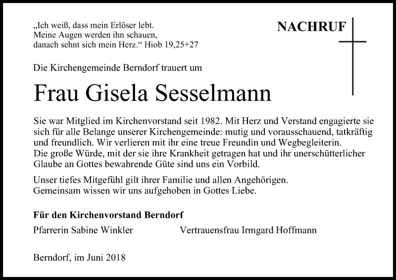  Traueranzeige für Gisela Sesselmann vom 27.06.2018 aus MGO