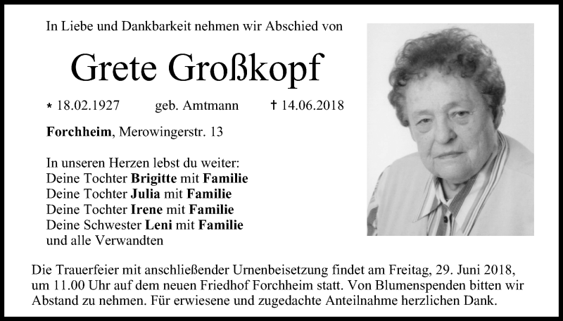  Traueranzeige für Grete Großkopf vom 26.06.2018 aus MGO