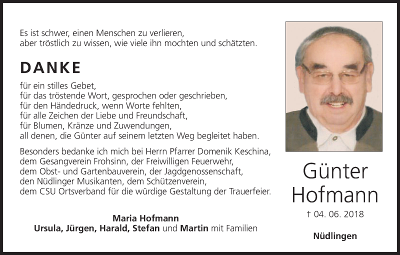  Traueranzeige für Günter Hofmann vom 23.06.2018 aus MGO