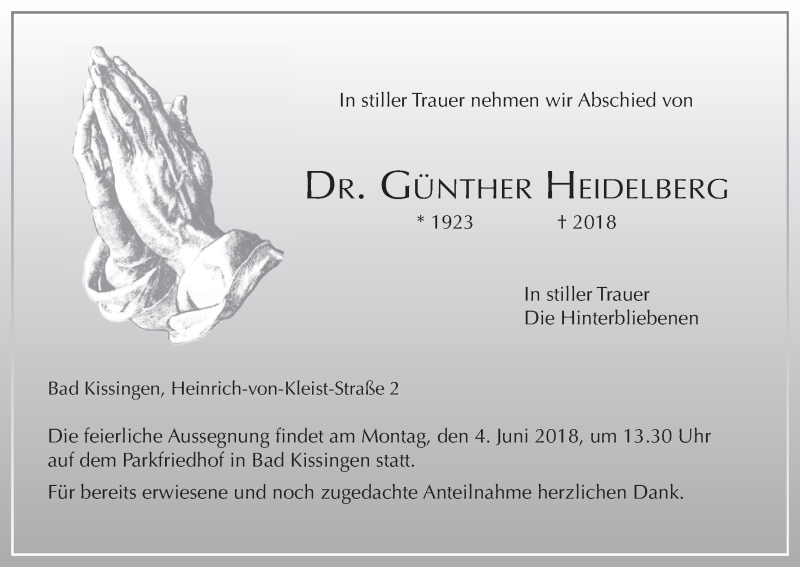  Traueranzeige für Günther Heidelberg vom 02.06.2018 aus MGO