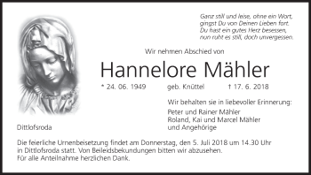 Anzeige von Hannelore Mähler von MGO