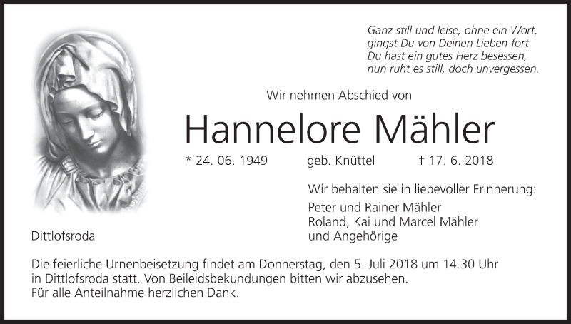  Traueranzeige für Hannelore Mähler vom 29.06.2018 aus MGO