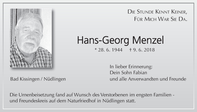  Traueranzeige für Hans-Georg Menzel vom 30.06.2018 aus MGO