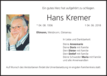 Anzeige von Hans Kremer von MGO