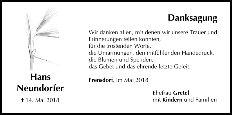  Traueranzeige für Hans Neundorfer vom 02.06.2018 aus MGO