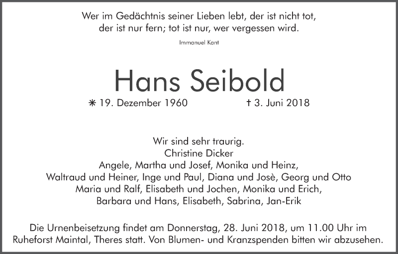  Traueranzeige für Hans Seibold vom 16.06.2018 aus MGO