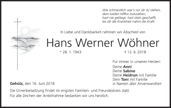 Anzeige von Hans Werner Wöhner von MGO