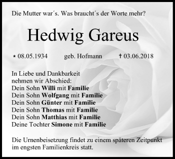 Anzeige von Hedwig Gareus von MGO
