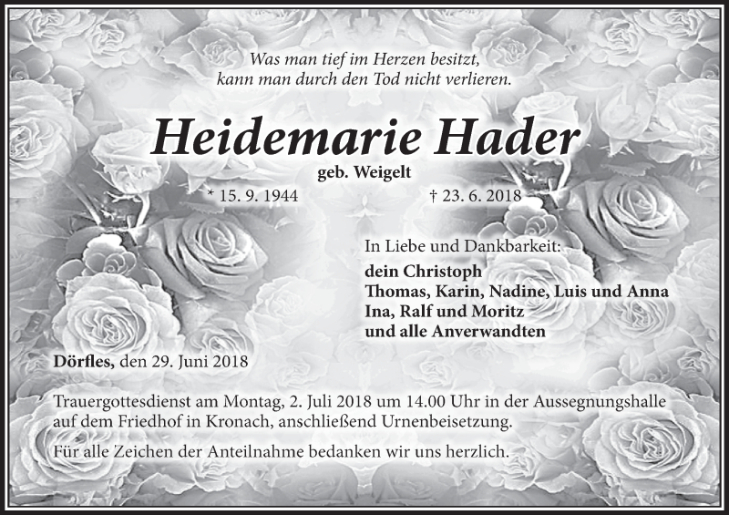  Traueranzeige für Heidemarie Hader vom 29.06.2018 aus MGO