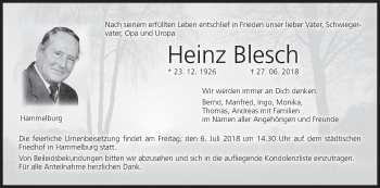 Anzeige von Heinz Blesch von MGO