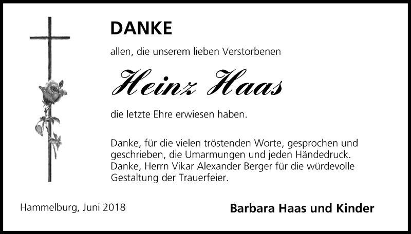  Traueranzeige für Heinz Haas vom 30.06.2018 aus MGO