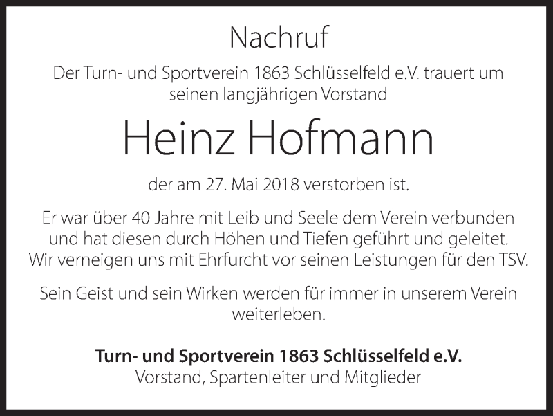  Traueranzeige für Heinz Hofmann vom 05.06.2018 aus MGO