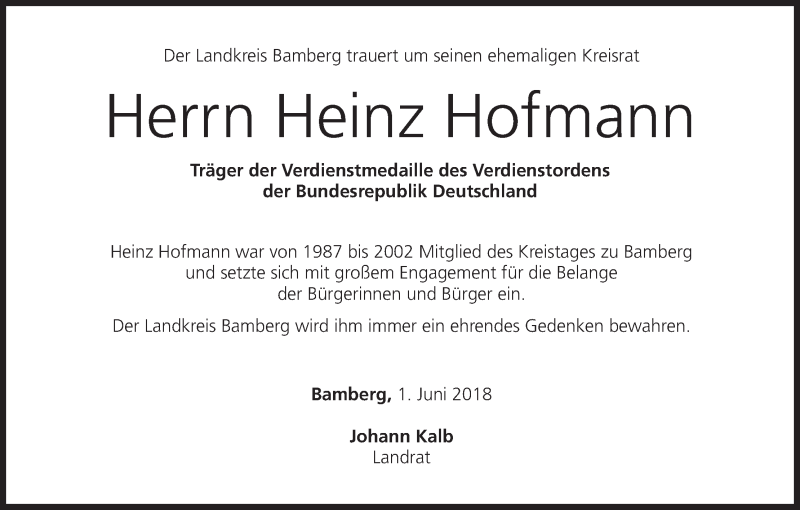  Traueranzeige für Heinz Hofmann vom 02.06.2018 aus MGO