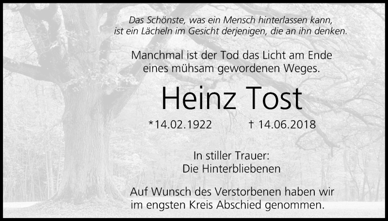  Traueranzeige für Heinz Tost vom 22.06.2018 aus MGO