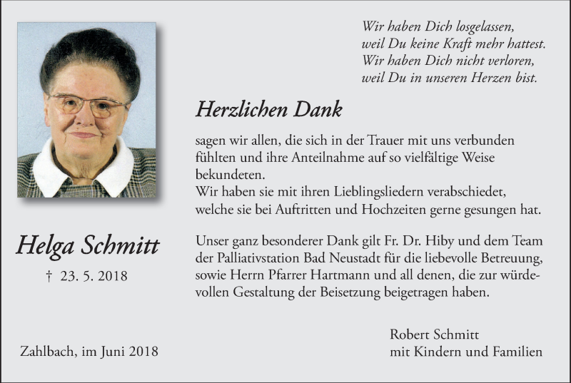  Traueranzeige für Helga Schmitt vom 16.06.2018 aus MGO