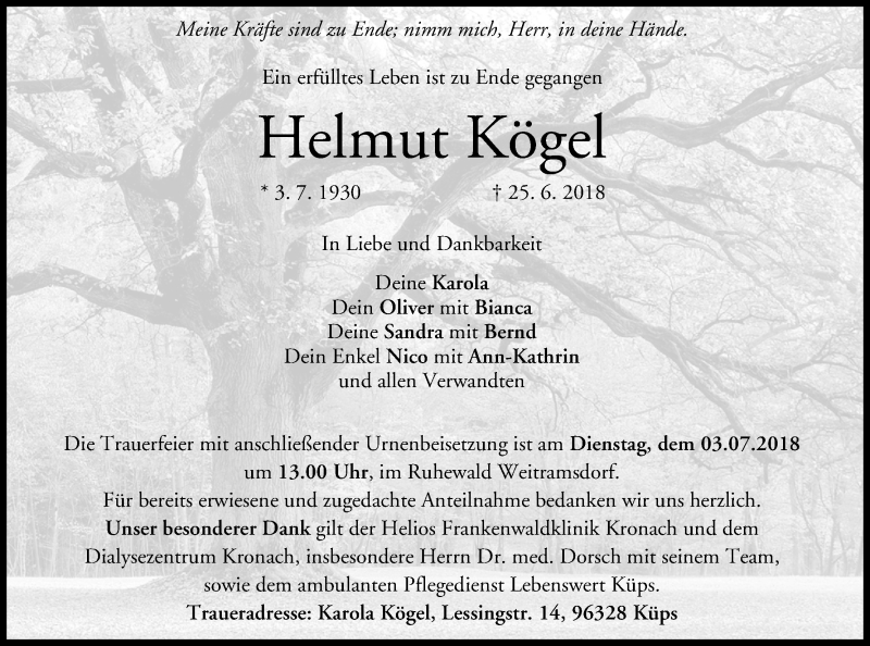  Traueranzeige für Helmut Kögel vom 30.06.2018 aus MGO