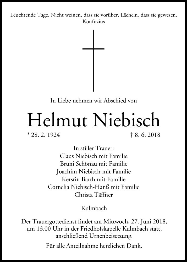  Traueranzeige für Helmut Niebisch vom 25.06.2018 aus MGO