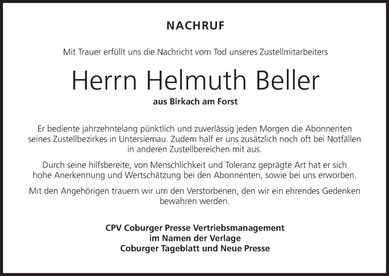  Traueranzeige für Helmuth Beller vom 06.06.2018 aus MGO