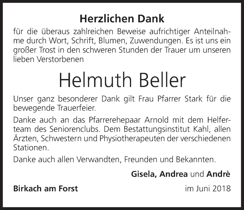  Traueranzeige für Helmuth Beller vom 16.06.2018 aus MGO