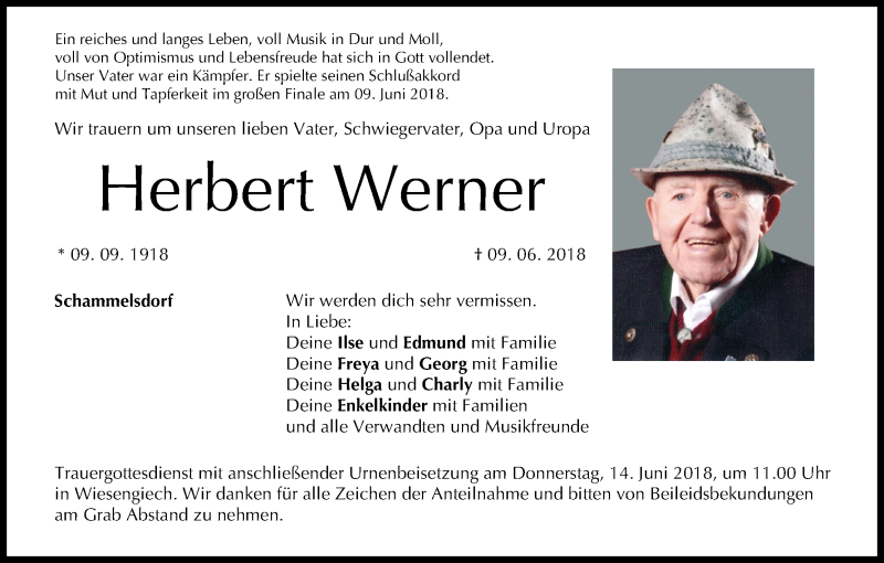  Traueranzeige für Herbert Werner vom 12.06.2018 aus MGO