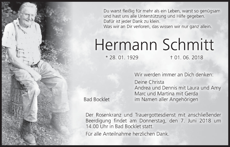  Traueranzeige für Hermann Schmitt vom 05.06.2018 aus MGO