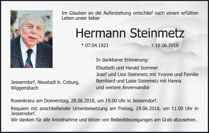 Traueranzeige für Hermann Steinmetz vom 26.06.2018 aus MGO