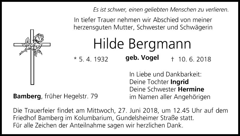  Traueranzeige für Hilde Bergmann vom 25.06.2018 aus MGO