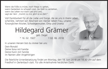 Anzeige von Hildegard Grämer von MGO