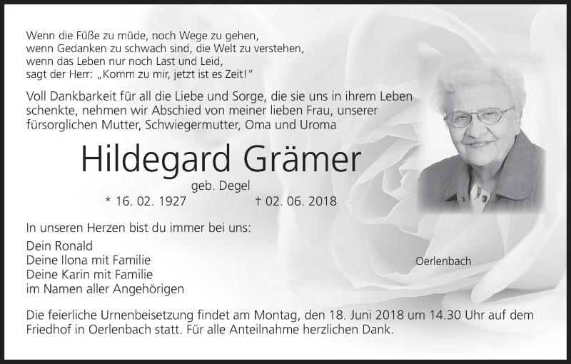  Traueranzeige für Hildegard Grämer vom 13.06.2018 aus MGO