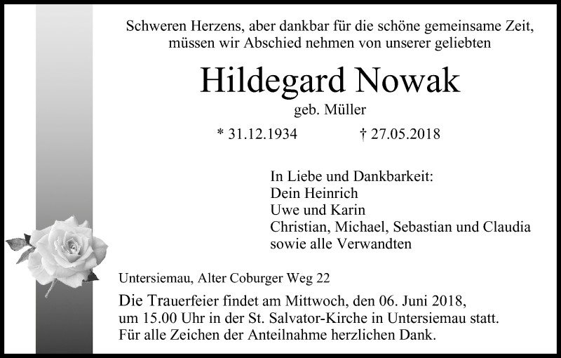  Traueranzeige für Hildegard Nowak vom 02.06.2018 aus MGO