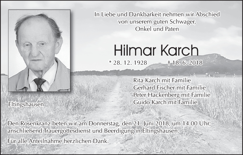  Traueranzeige für Hilmar Karch vom 20.06.2018 aus MGO