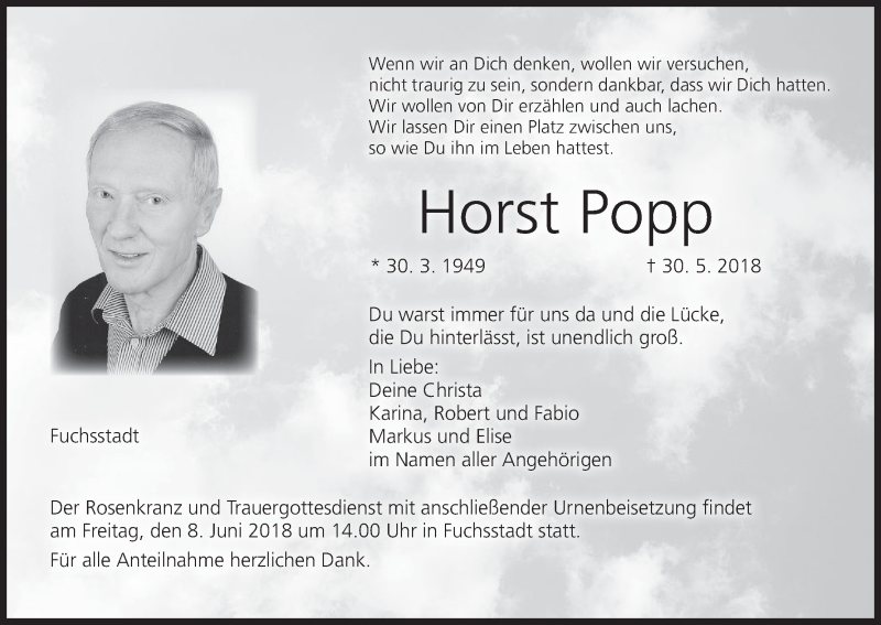  Traueranzeige für Horst Popp vom 05.06.2018 aus MGO