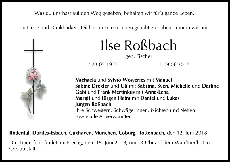  Traueranzeige für Ilse Roßbach vom 12.06.2018 aus MGO