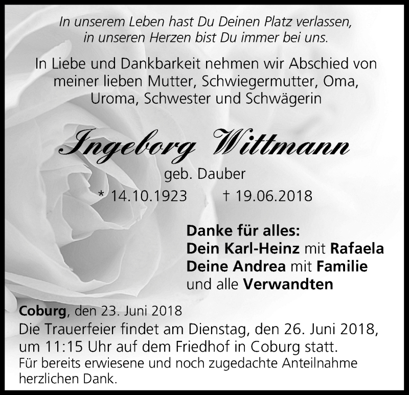  Traueranzeige für Ingeborg Wittmann vom 23.06.2018 aus MGO