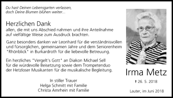 Anzeige von Irma Metz von MGO