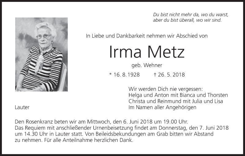  Traueranzeige für Irma Metz vom 04.06.2018 aus MGO