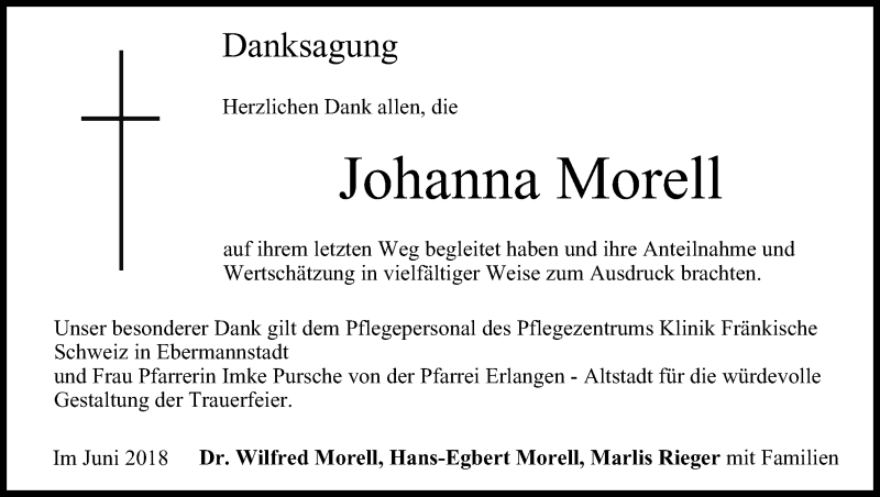  Traueranzeige für Johanna Morell vom 06.06.2018 aus MGO