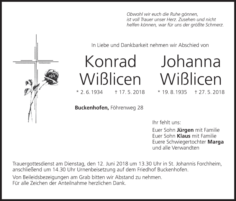  Traueranzeige für Johanna Wißlicen vom 06.06.2018 aus MGO
