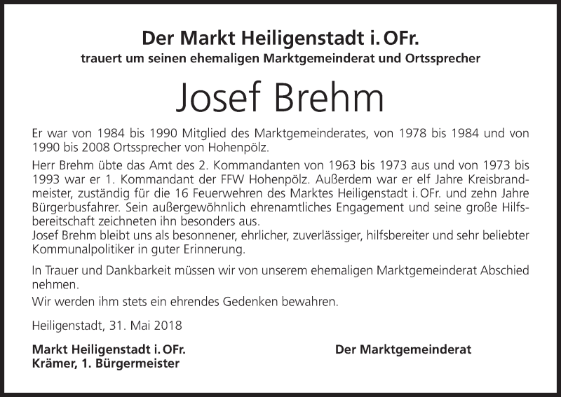  Traueranzeige für Josef Brehm vom 04.06.2018 aus MGO