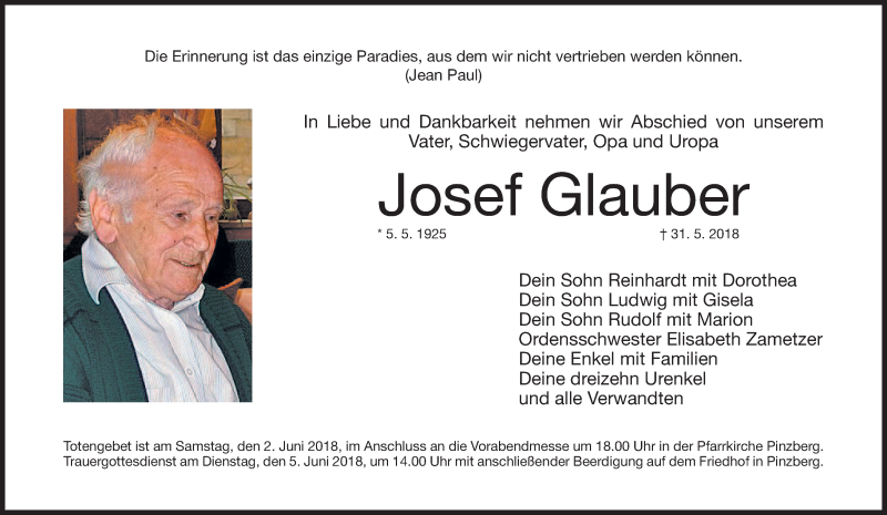  Traueranzeige für Josef Glauber vom 02.06.2018 aus MGO