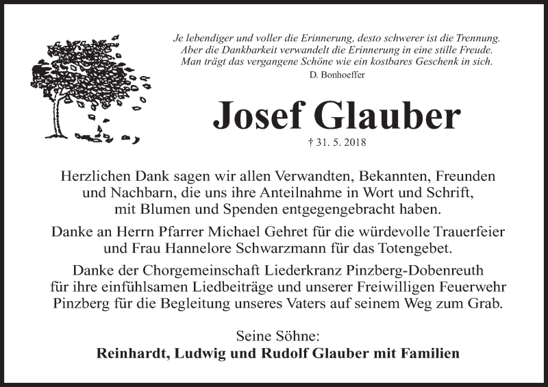  Traueranzeige für Josef Glauber vom 16.06.2018 aus MGO