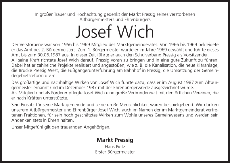  Traueranzeige für Josef Wich vom 08.06.2018 aus MGO