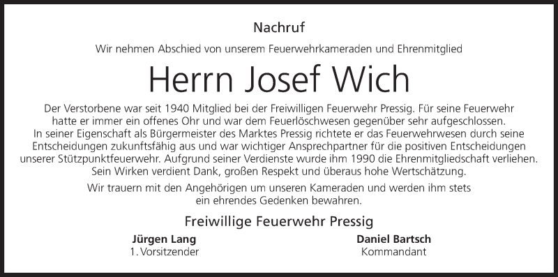  Traueranzeige für Josef Wich vom 09.06.2018 aus MGO