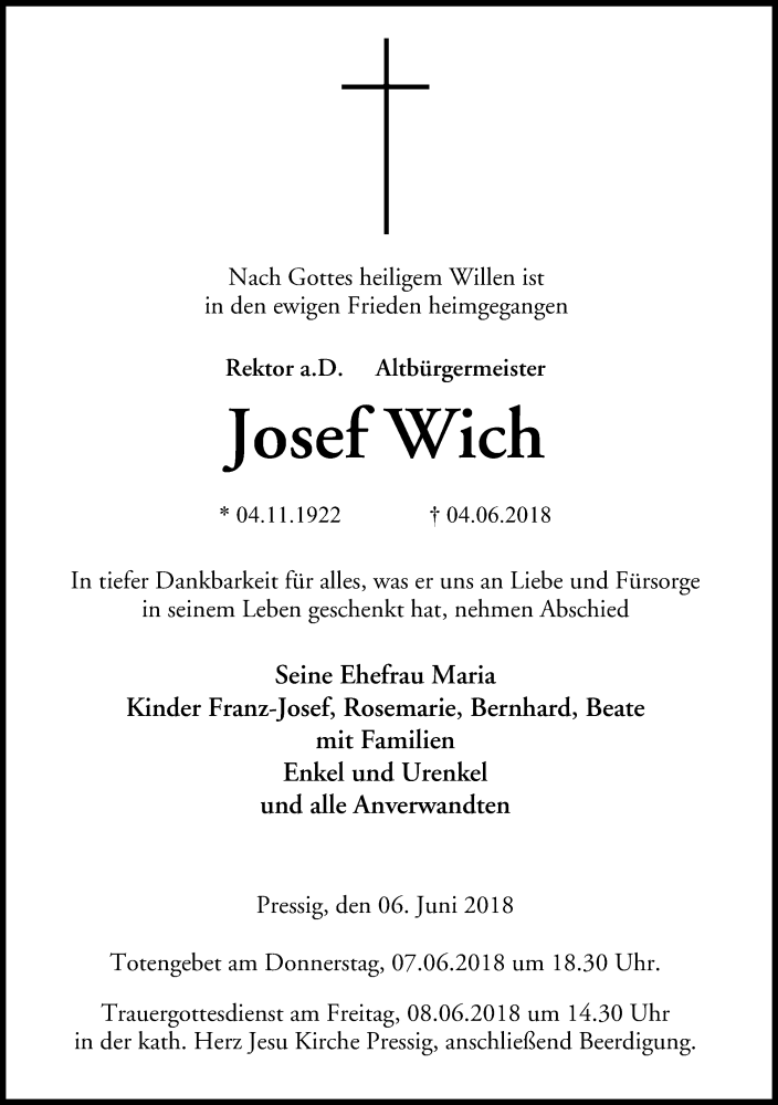  Traueranzeige für Josef Wich vom 06.06.2018 aus MGO