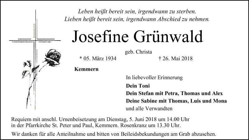  Traueranzeige für Josefine Grünwald vom 02.06.2018 aus MGO