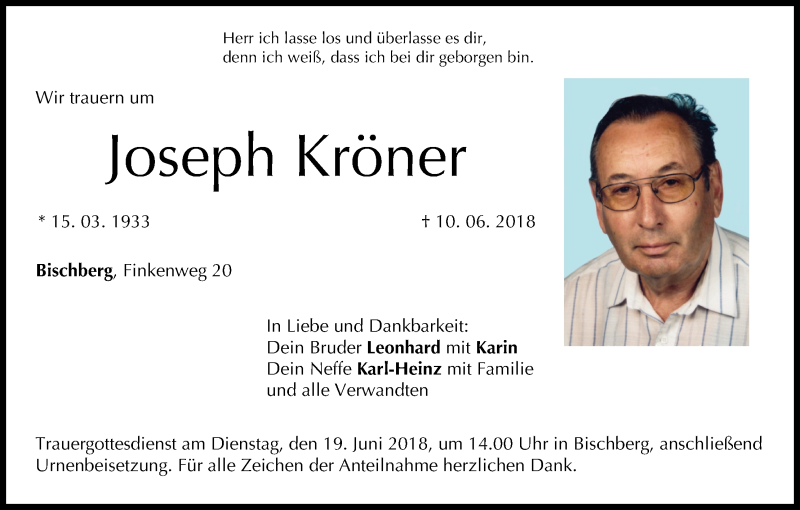  Traueranzeige für Joseph Kröner vom 16.06.2018 aus MGO