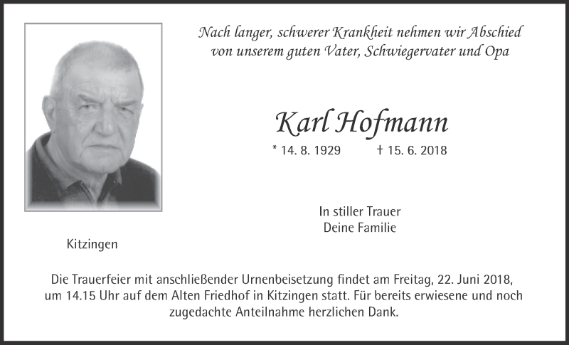  Traueranzeige für Karl Hofmann vom 20.06.2018 aus MGO