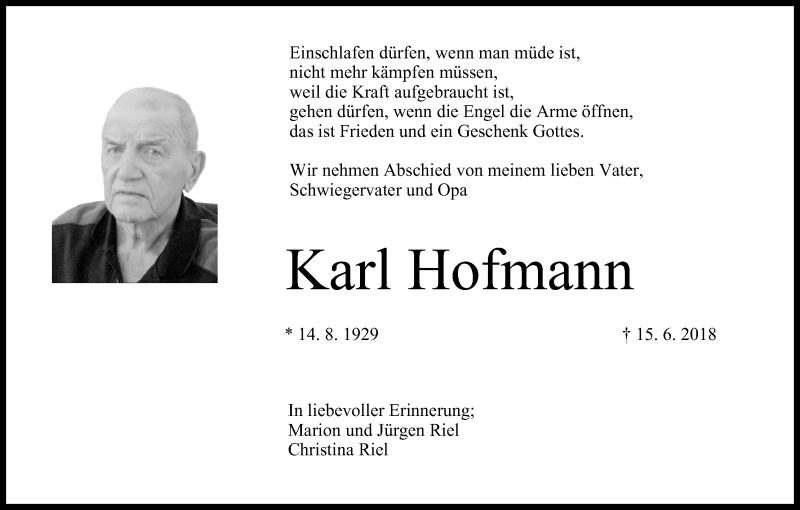  Traueranzeige für Karl Hofmann vom 21.06.2018 aus MGO